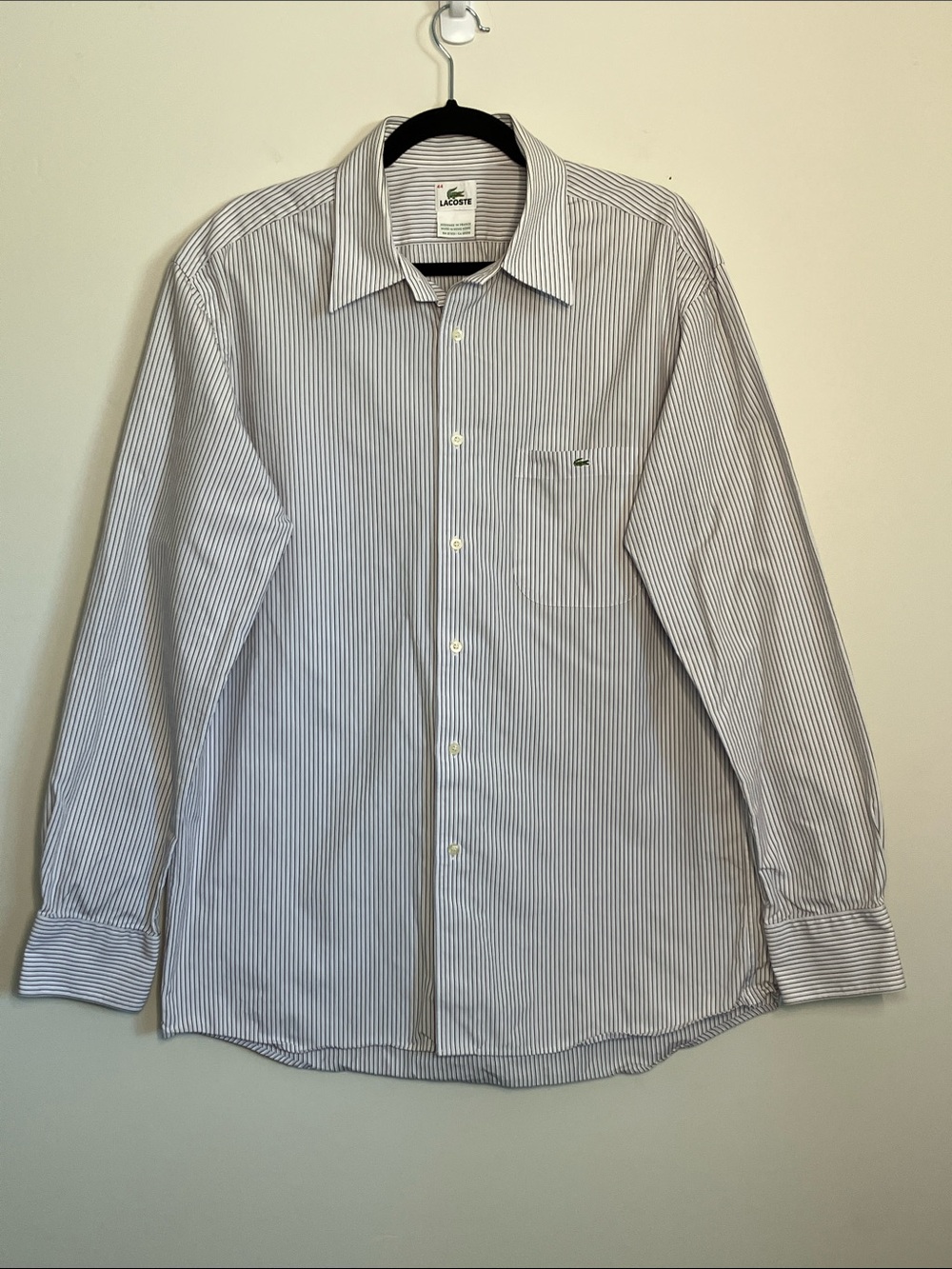 Lacoste Dress Shirt Blue Black White Stripe 100% Cotton France Mens 44 / XL